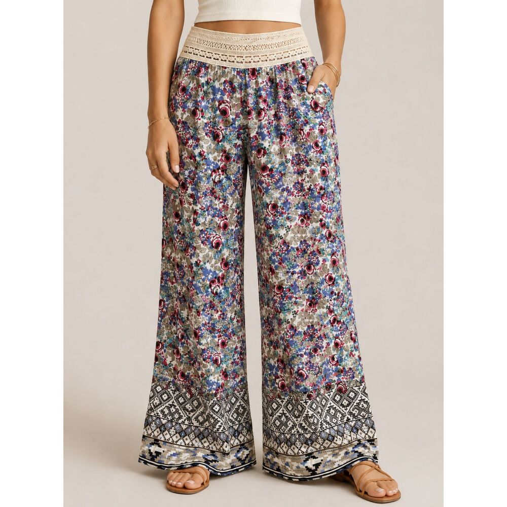 Hayden Los Angeles Boho Floral Wide Leg Flowy Pants‎ Crochet Waist Medium NWOT